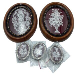 5-Piece Lace Art Set Featuring Wooden Frames & Metal Accents With Floral & Relig